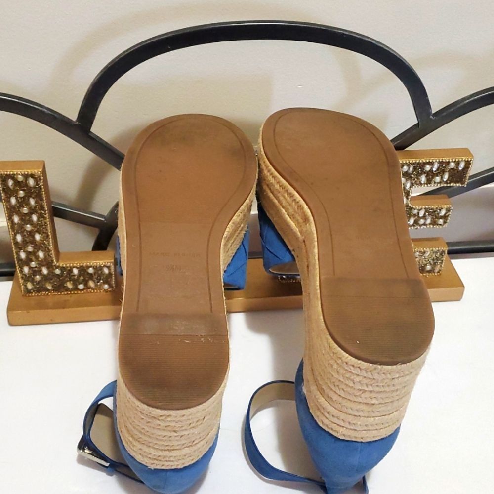 Marc Fisher Varin Blue Suede Woven Wedge Espadrille Sandals Sz 9.5 Cottagecore - Picture 10 of 12